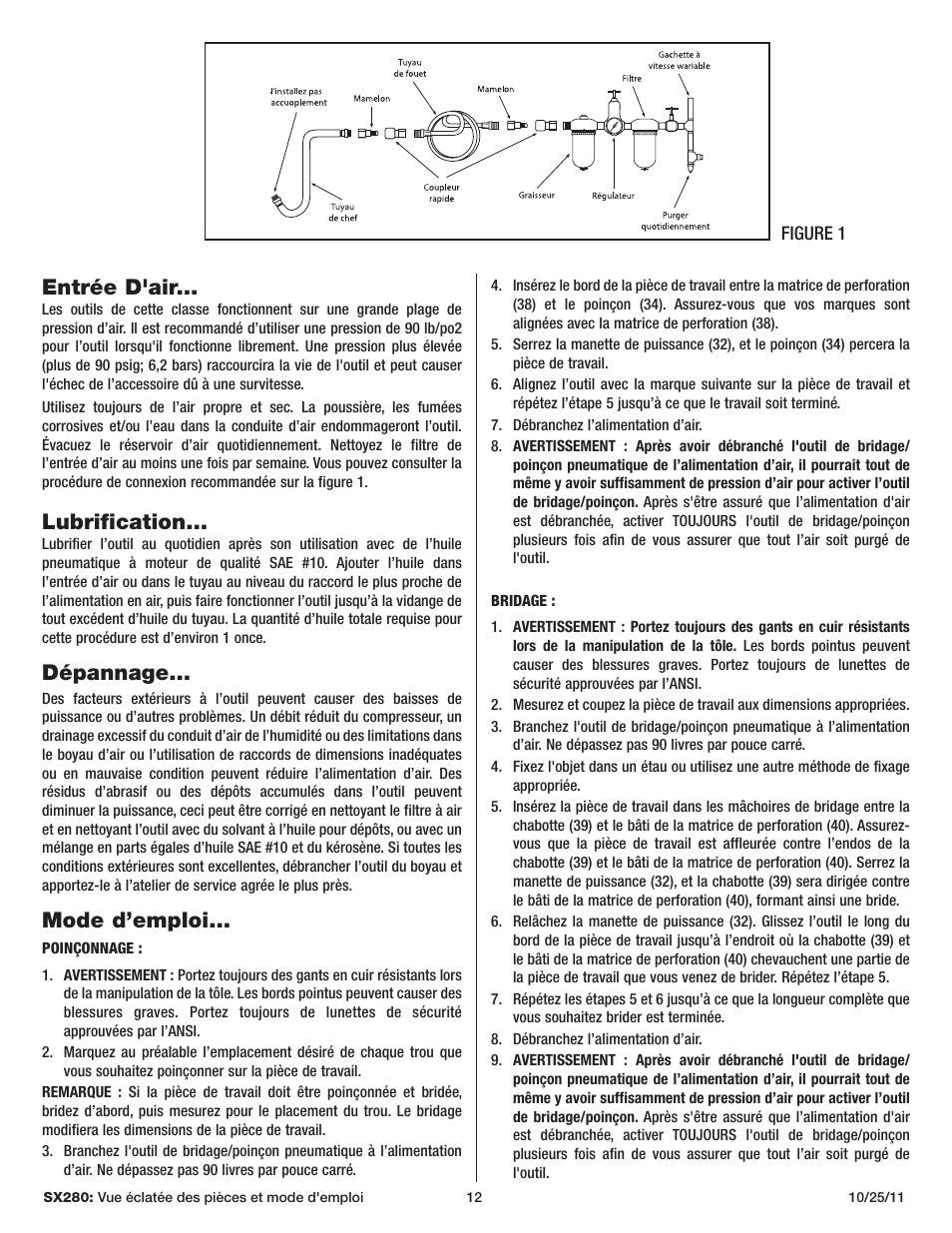 Entrée d'air, Lubrification, Dépannage | Mode d’emploi | Sunex Tools SX280 User Manual | Page 12 / 13