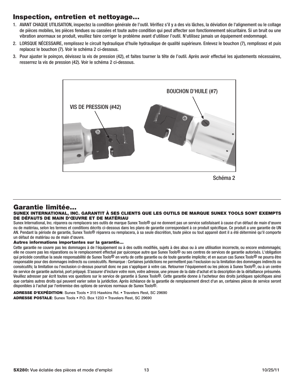 Garantie limitée, Inspection, entretien et nettoyage | Sunex Tools SX280 User Manual | Page 13 / 13