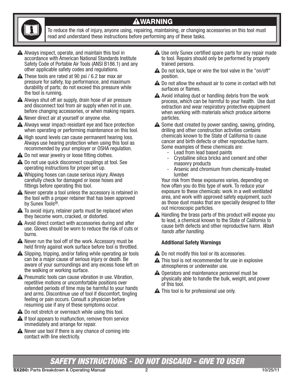 Warning | Sunex Tools SX280 User Manual | Page 2 / 13