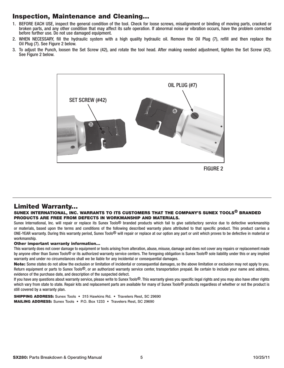 Inspection, maintenance and cleaning, Limited warranty | Sunex Tools SX280 User Manual | Page 5 / 13