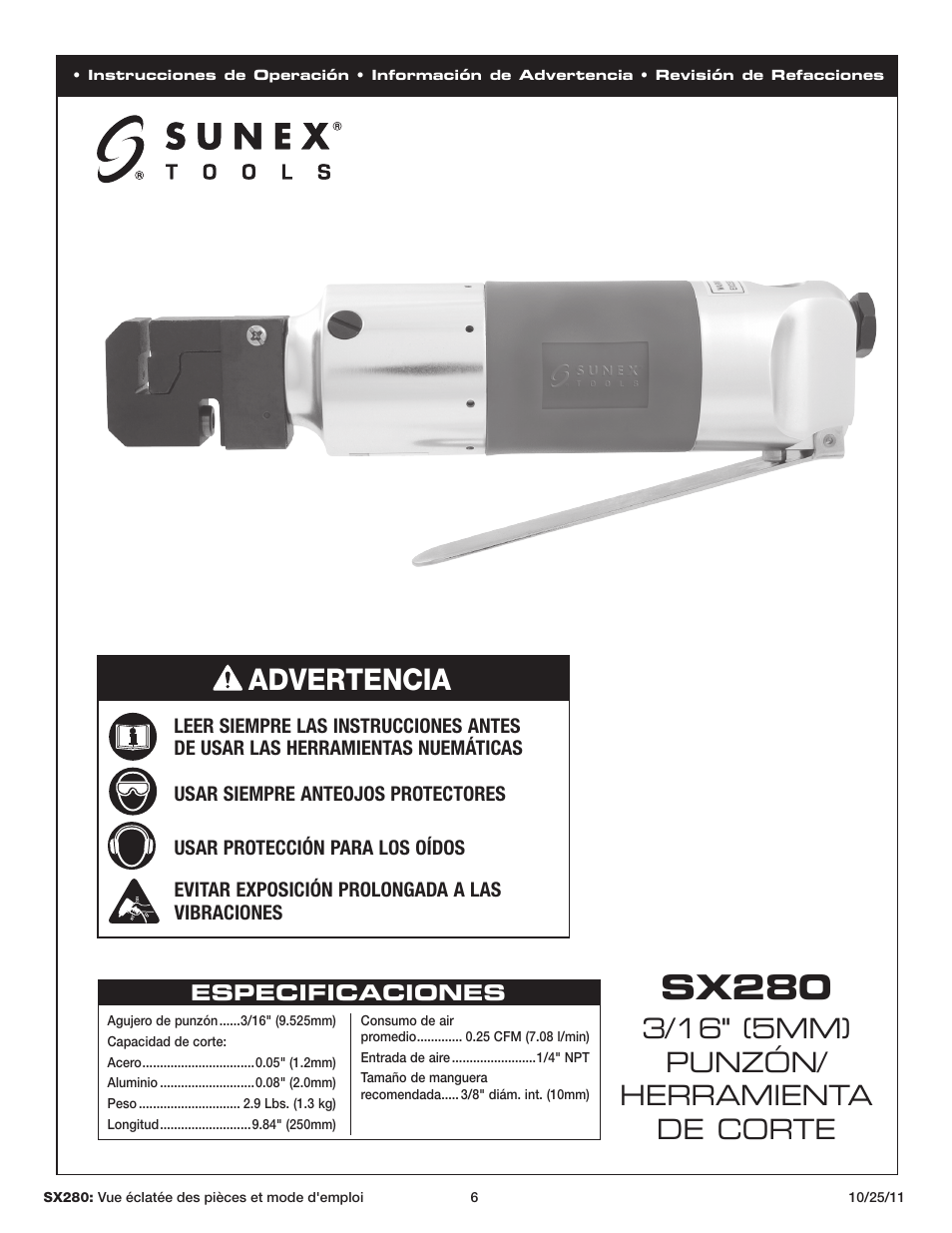 Sx280, Advertencia, 3/16" (5mm) punzón/ herramienta de corte | Sunex Tools SX280 User Manual | Page 6 / 13