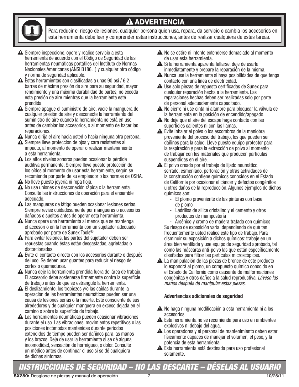 Advertencia | Sunex Tools SX280 User Manual | Page 7 / 13