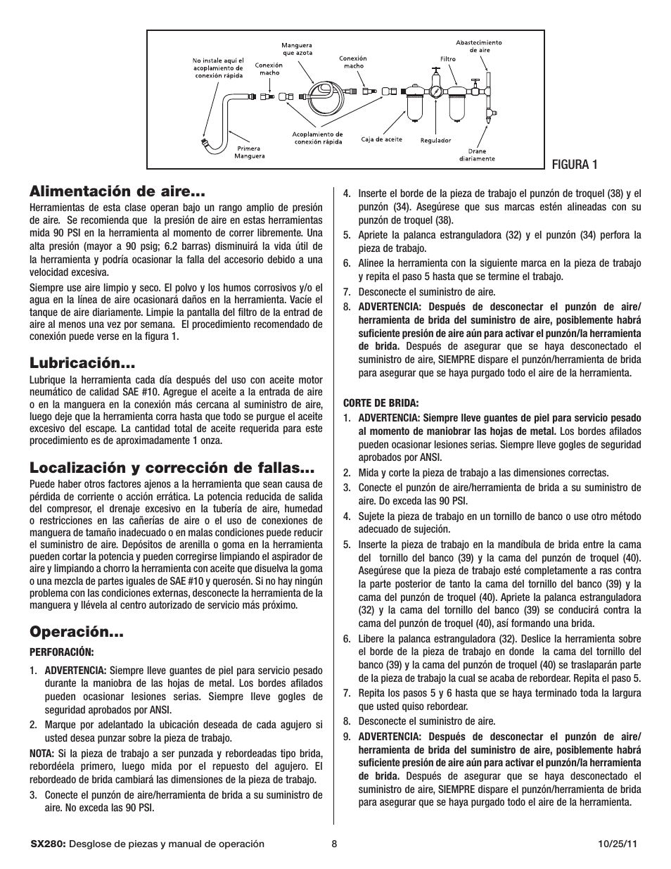 Alimentación de aire, Lubricación, Localización y corrección de fallas | Operación | Sunex Tools SX280 User Manual | Page 8 / 13