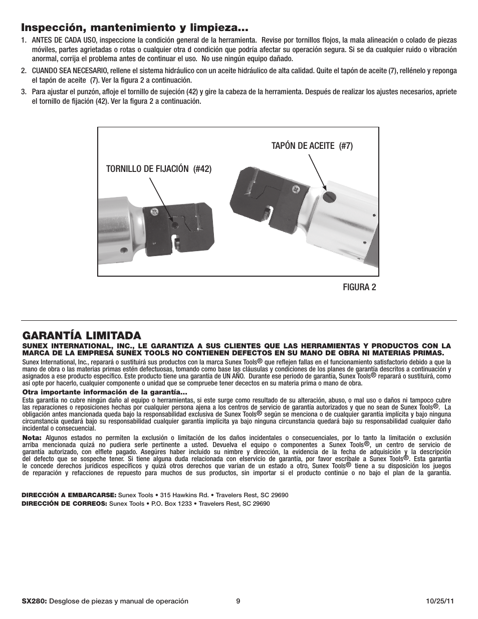 Garantía limitada, Inspección, mantenimiento y limpieza | Sunex Tools SX280 User Manual | Page 9 / 13