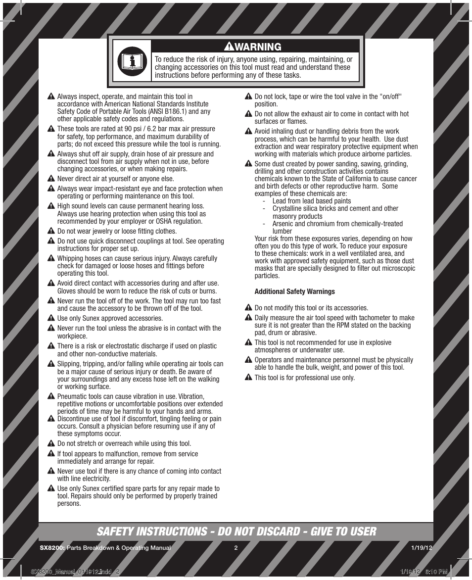 Warning | Sunex Tools SX8200 User Manual | Page 2 / 11