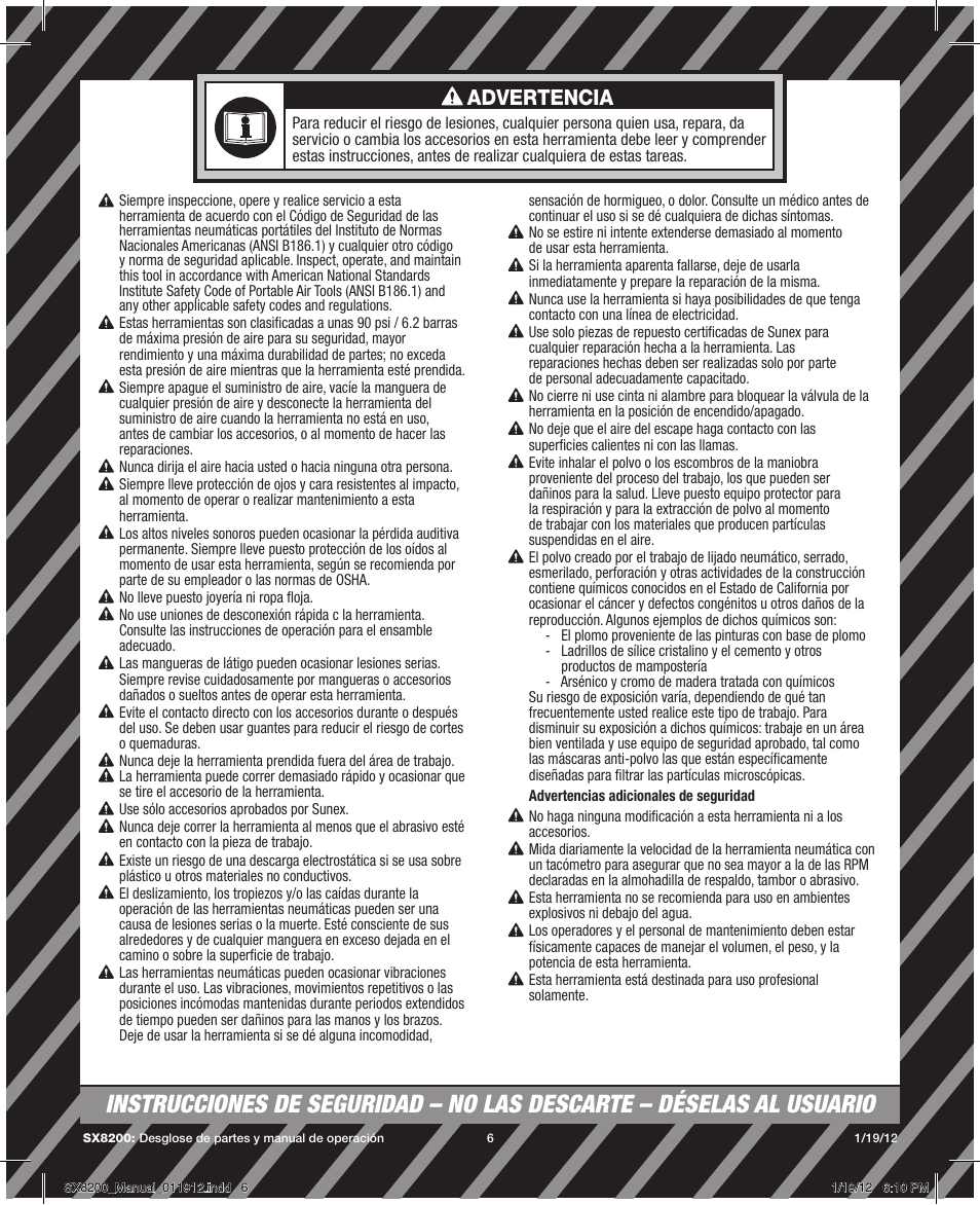 Advertencia | Sunex Tools SX8200 User Manual | Page 6 / 11