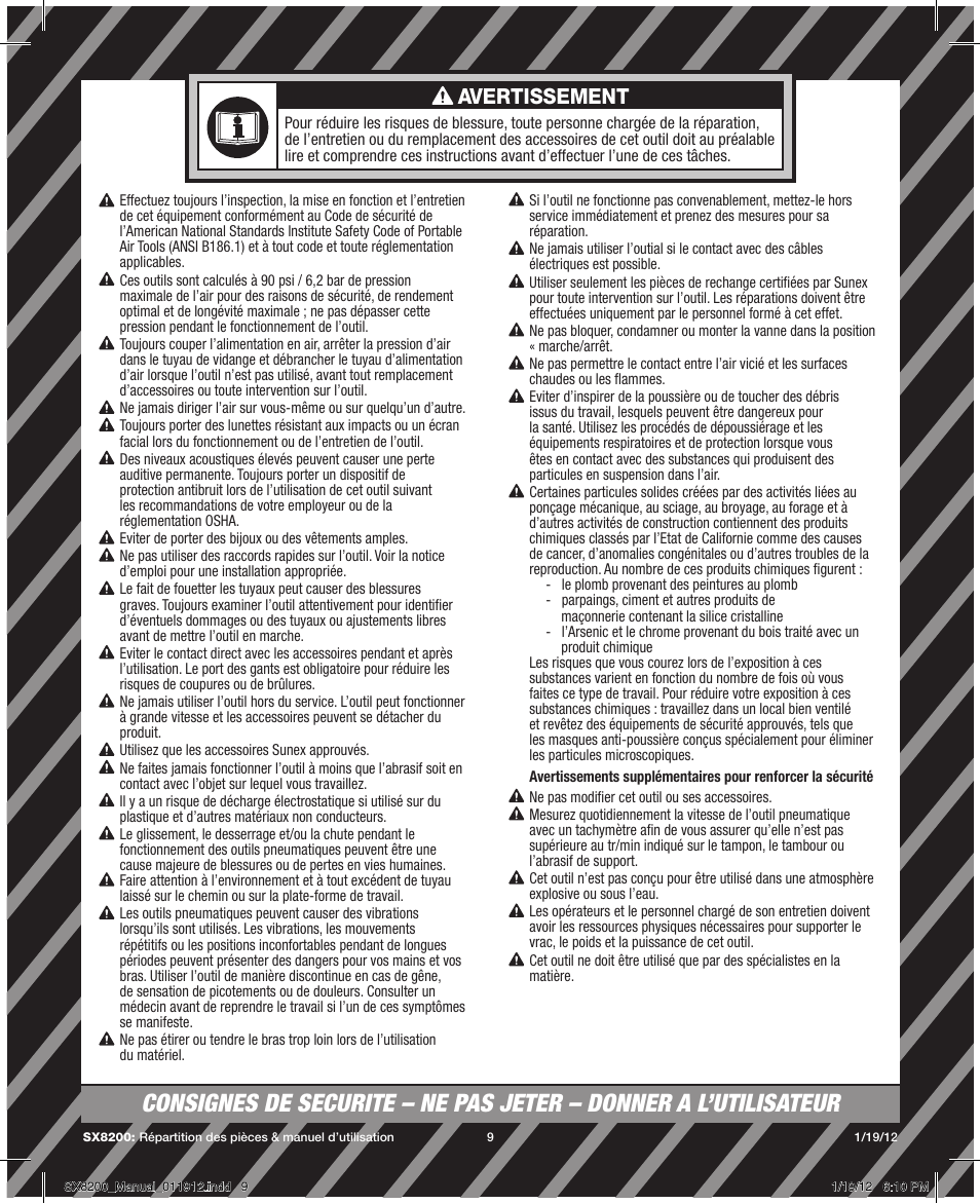 Avertissement | Sunex Tools SX8200 User Manual | Page 9 / 11