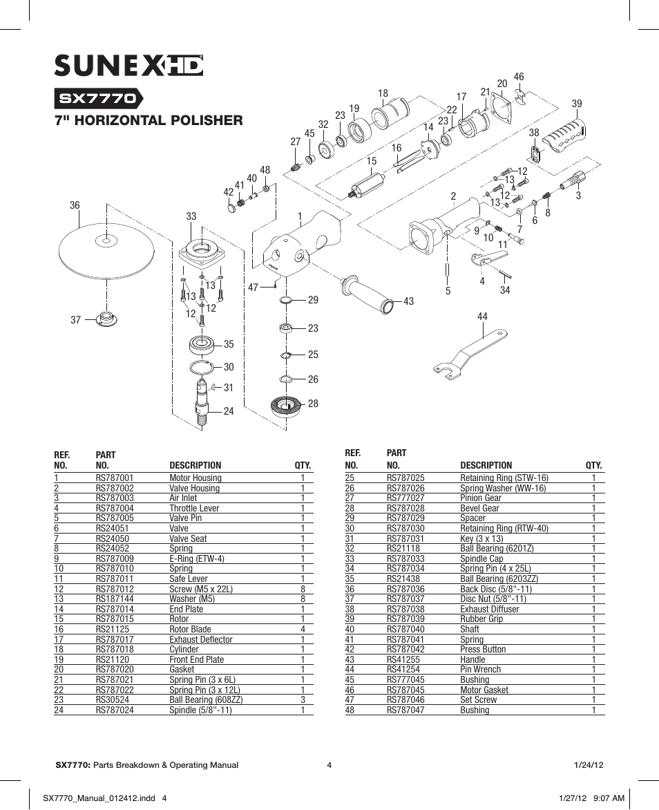 7" horizontal polisher, Sx7770 | Sunex Tools SX7770 User Manual | Page 4 / 11