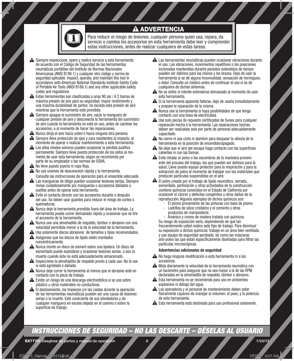 Advertencia | Sunex Tools SX7770 User Manual | Page 6 / 11