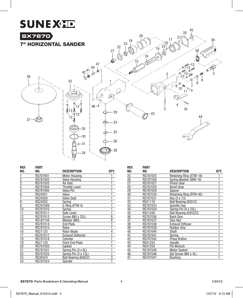 7" horizontal sander, Sx7870 | Sunex Tools SX7870 User Manual | Page 4 / 11