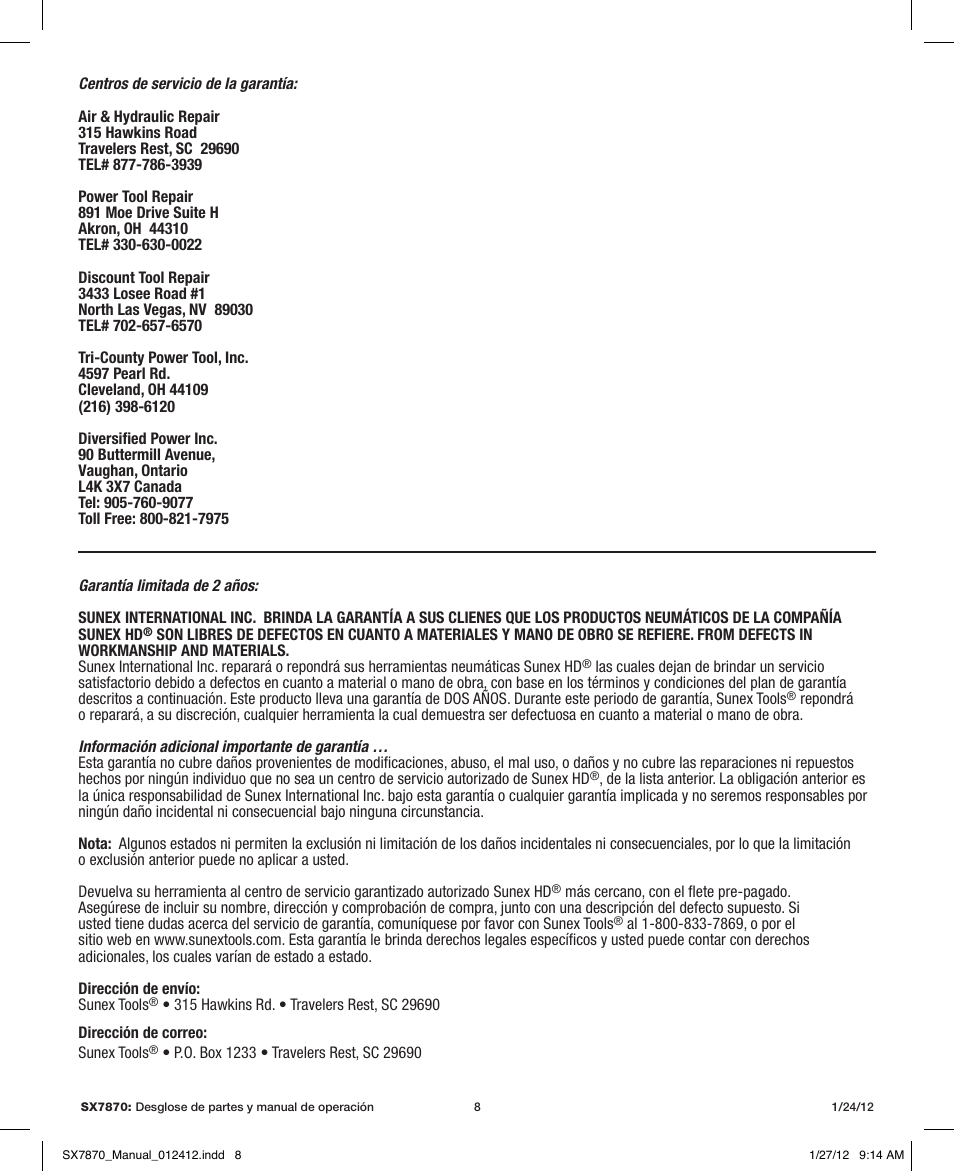 Sunex Tools SX7870 User Manual | Page 8 / 11