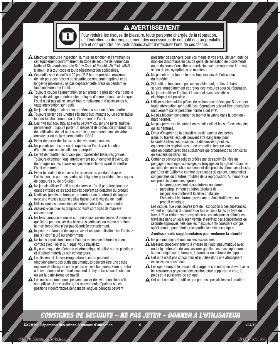 Avertissement | Sunex Tools SX7870 User Manual | Page 9 / 11