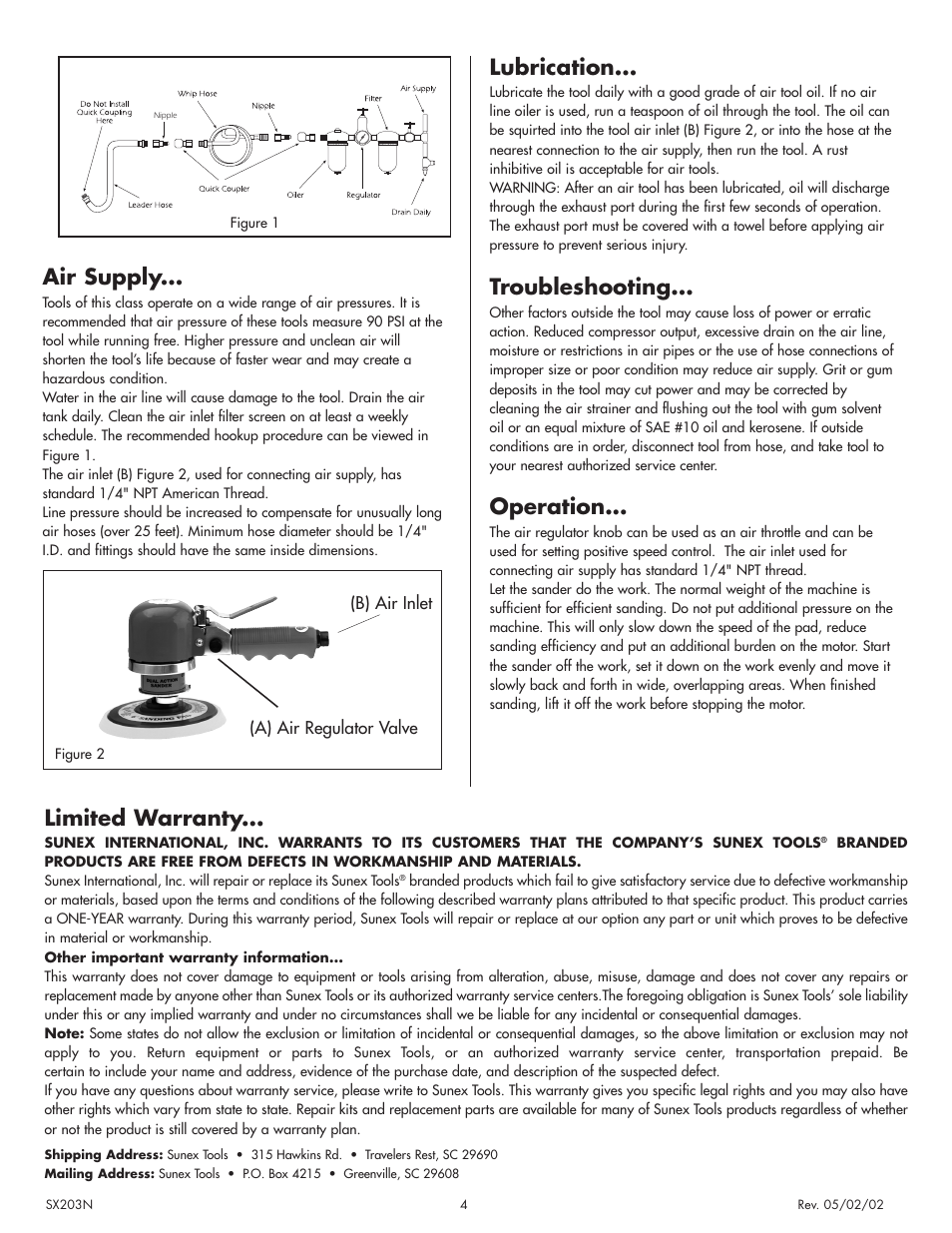 Air supply, Lubrication, Troubleshooting | Operation, Limited warranty | Sunex Tools SX203N User Manual | Page 4 / 4