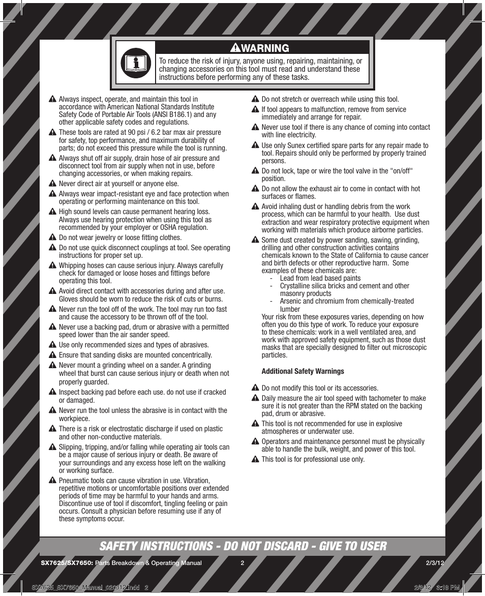 Warning | Sunex Tools SX7625 User Manual | Page 2 / 11