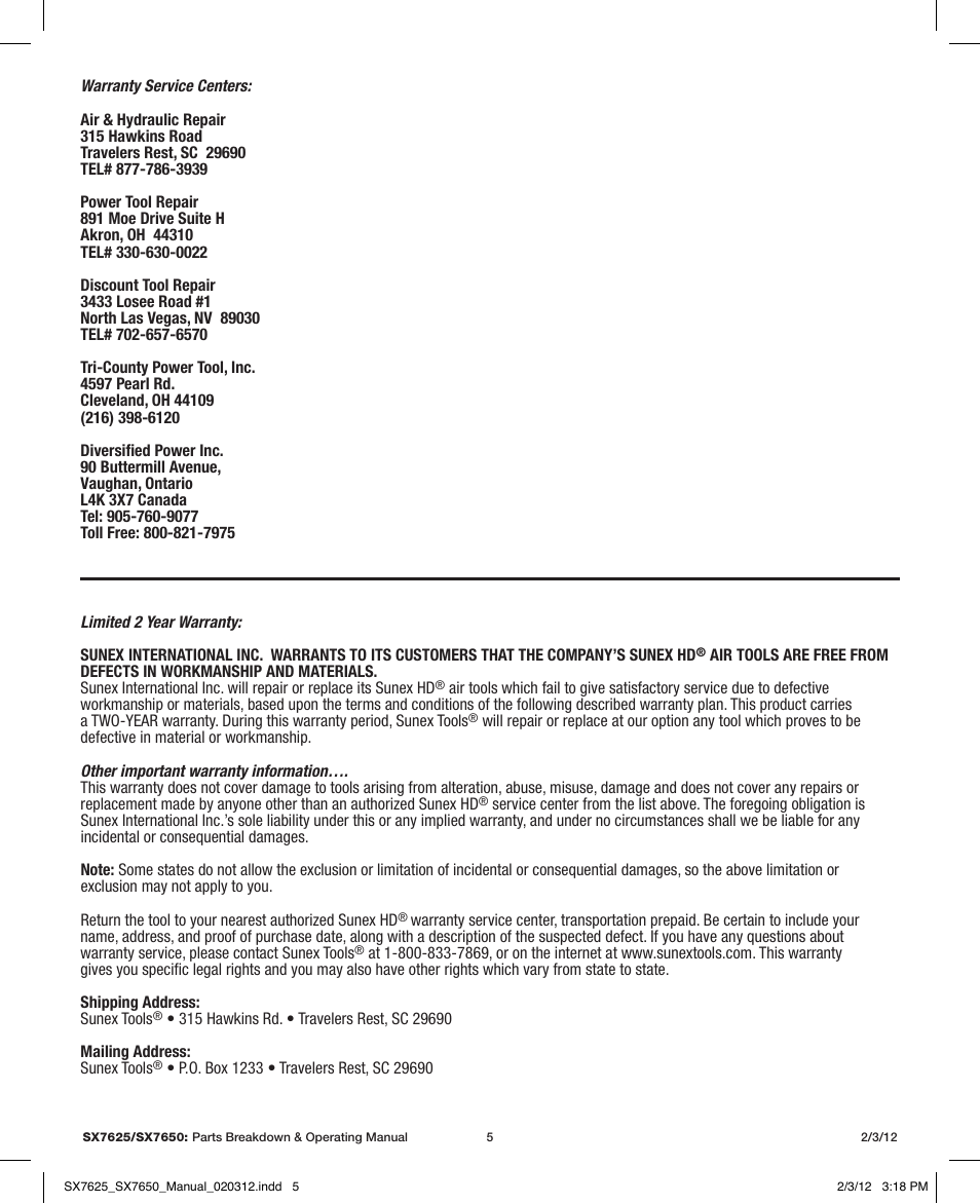 Sunex Tools SX7625 User Manual | Page 5 / 11