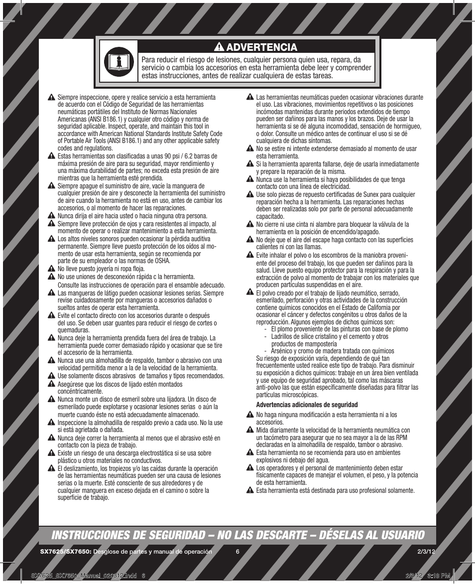 Advertencia | Sunex Tools SX7625 User Manual | Page 6 / 11