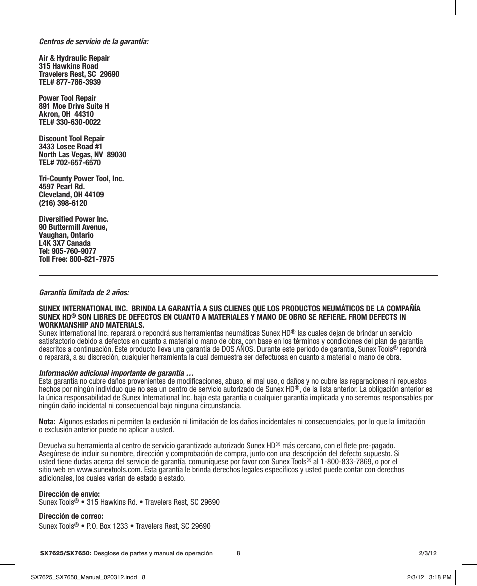 Sunex Tools SX7625 User Manual | Page 8 / 11