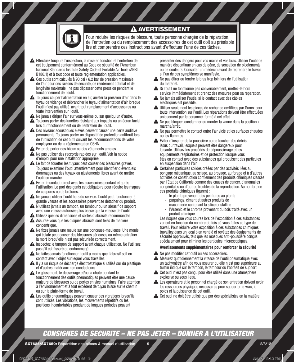 Avertissement | Sunex Tools SX7625 User Manual | Page 9 / 11