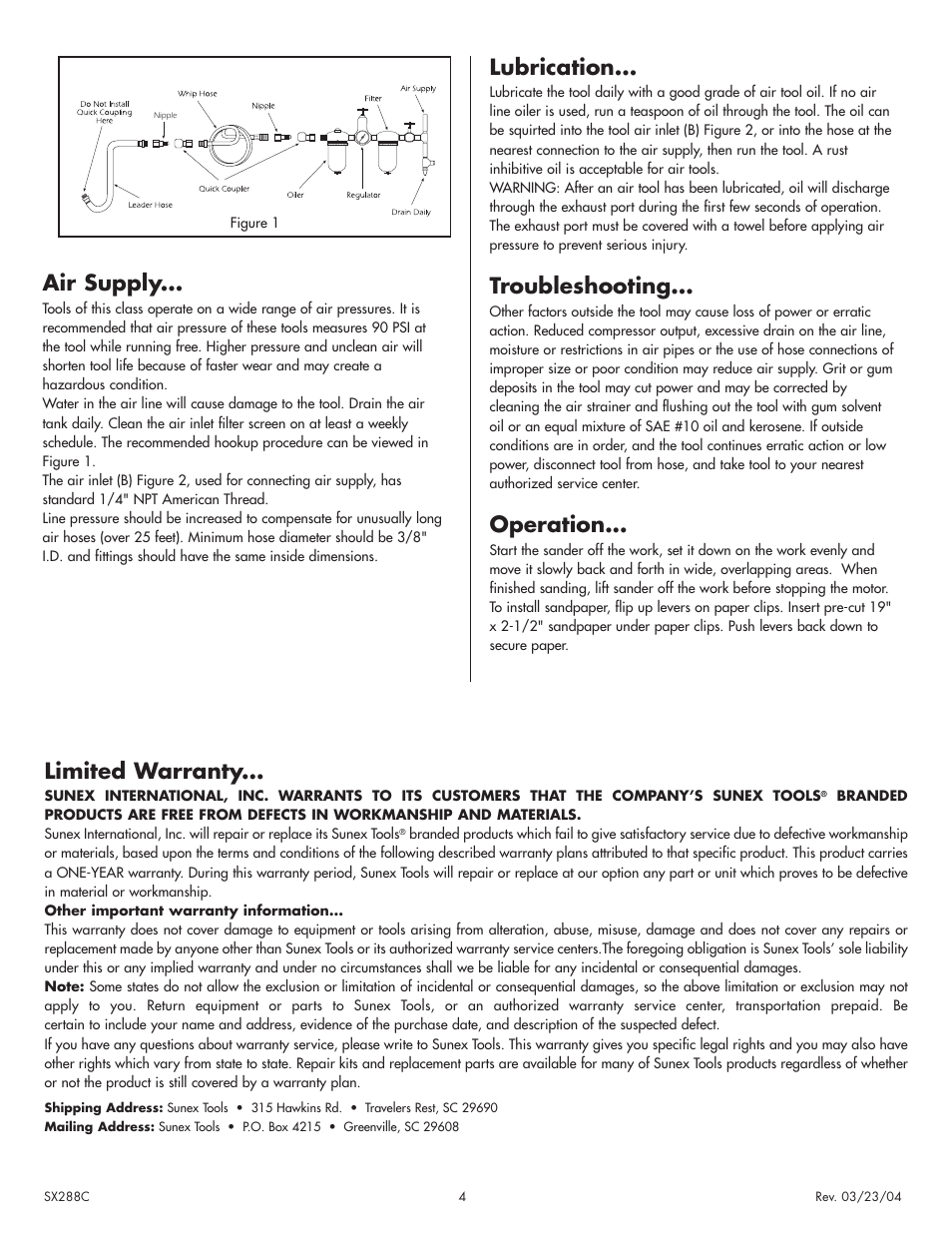 Air supply, Lubrication, Troubleshooting | Operation, Limited warranty | Sunex Tools SX288C User Manual | Page 4 / 4