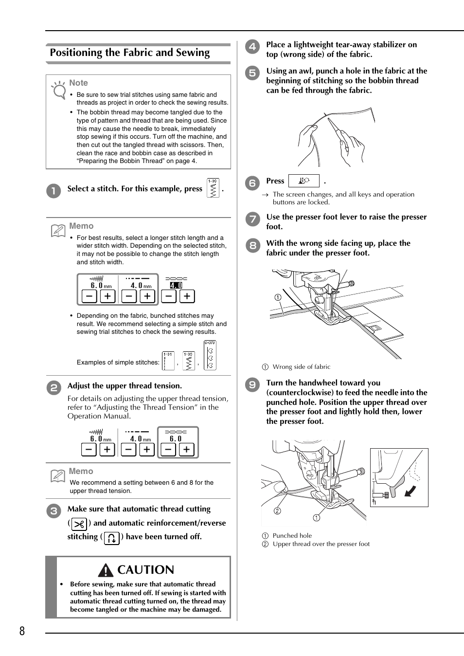 Caution, Positioning the fabric and sewing | Brother NX-2000 User Manual | Page 10 / 88