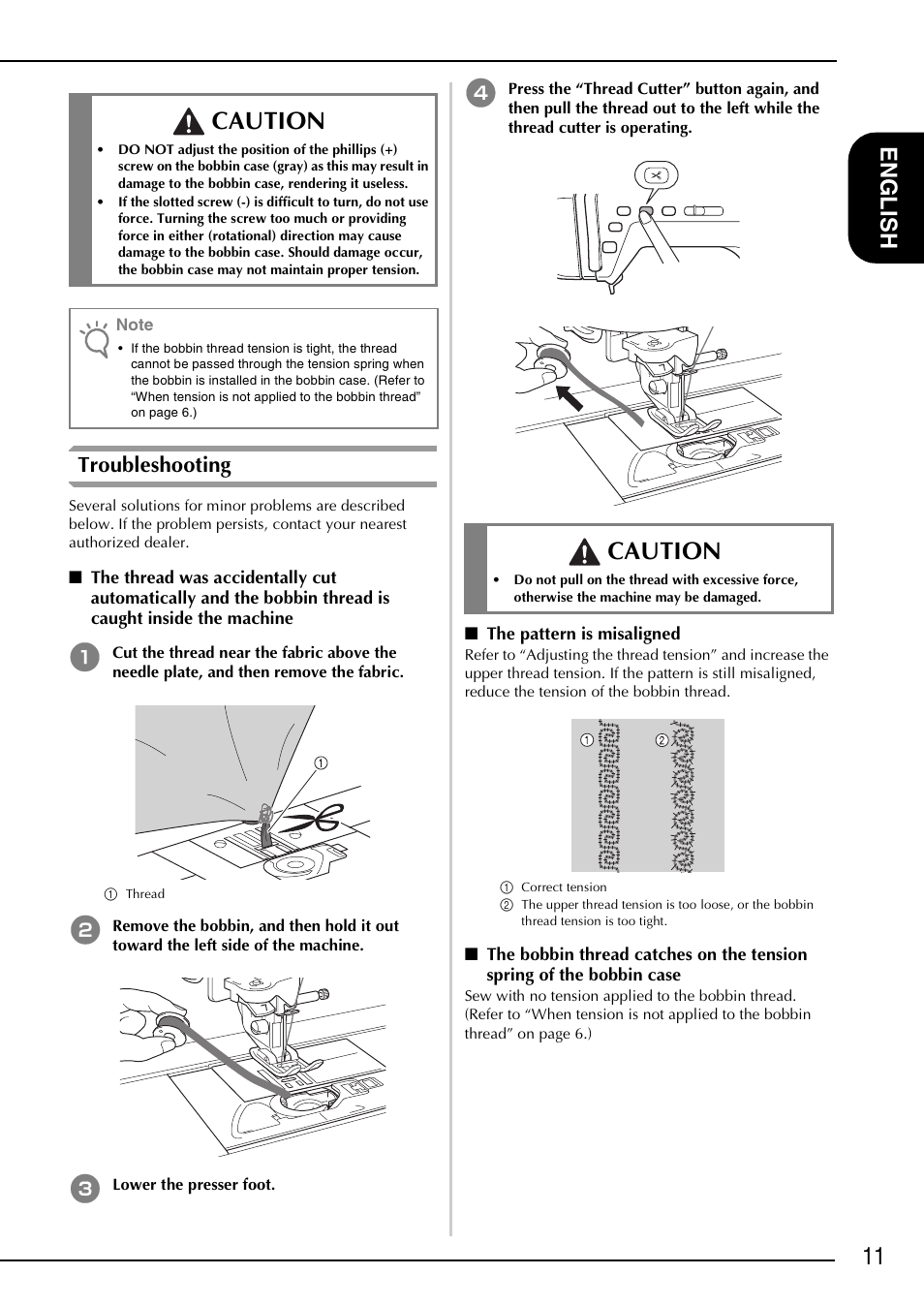 Caution, 11 e ngl ish, Troubleshooting | Brother NX-2000 User Manual | Page 13 / 88