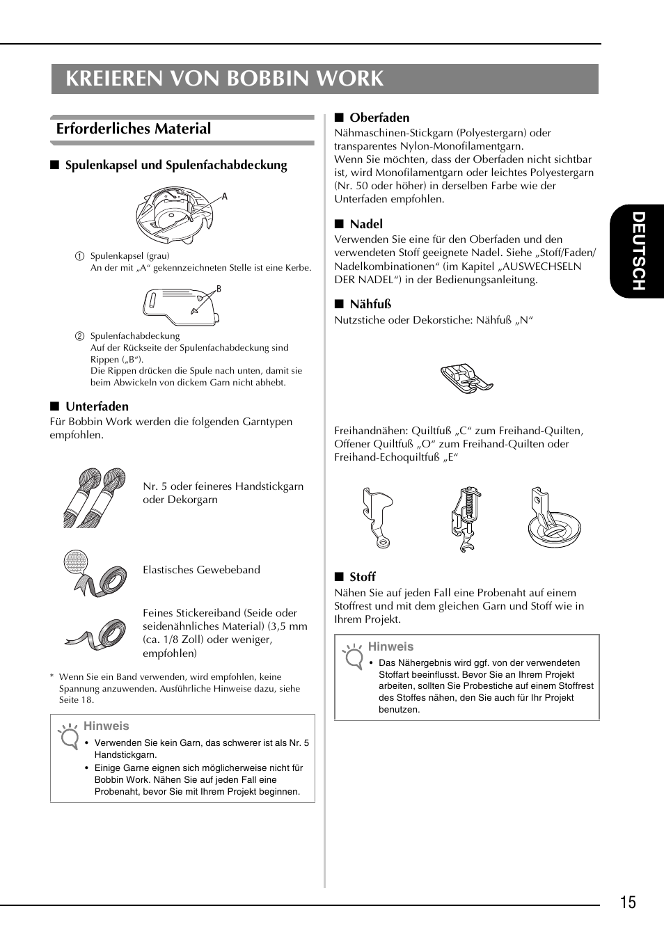 Kreieren von bobbin work, Erforderliches material | Brother NX-2000 User Manual | Page 17 / 88