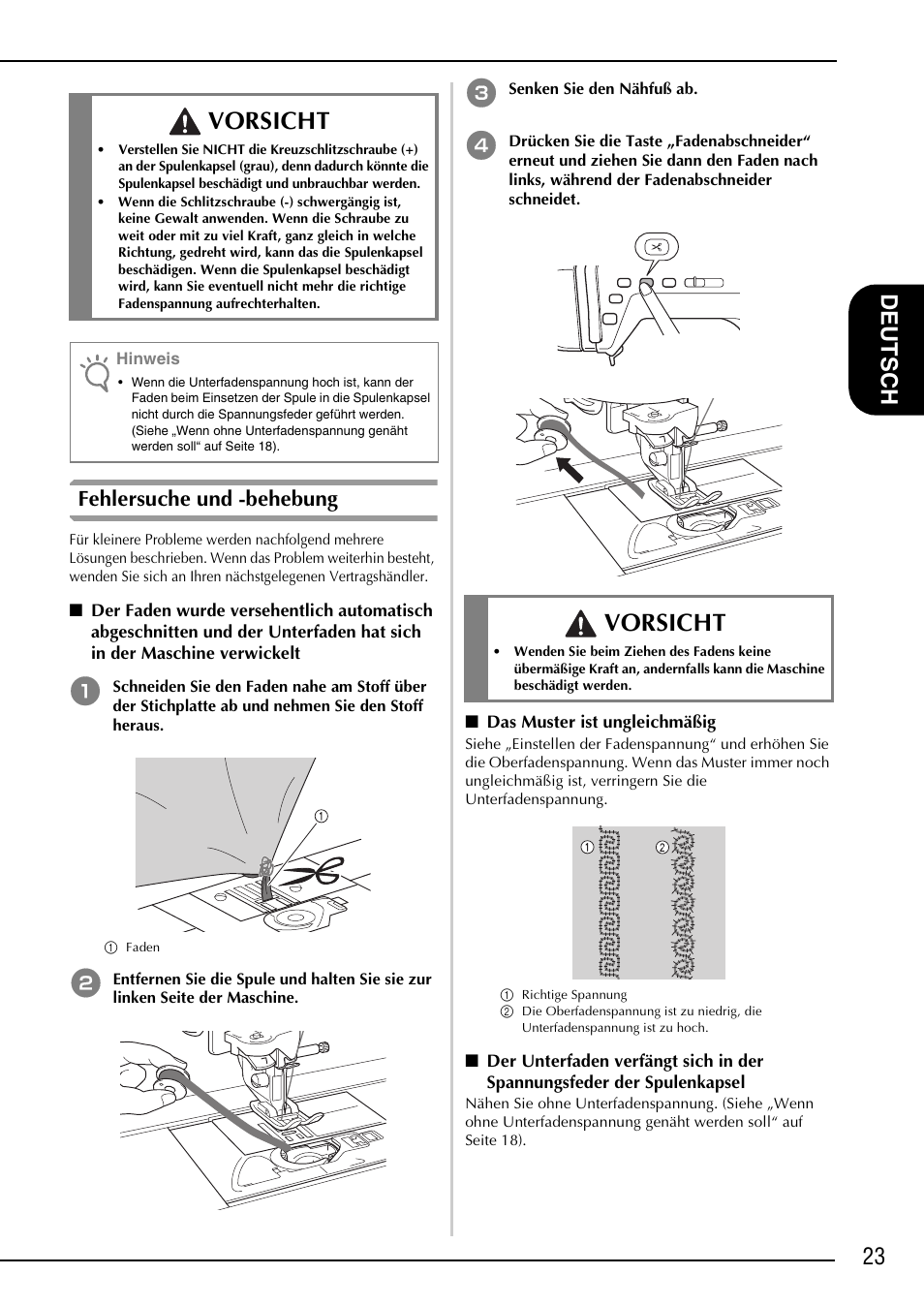 Vorsicht, Fehlersuche und -behebung | Brother NX-2000 User Manual | Page 25 / 88