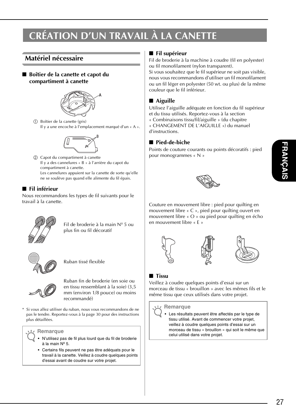 Création d’un travail à la canette, 27 fr an çais, Matériel nécessaire | Brother NX-2000 User Manual | Page 29 / 88