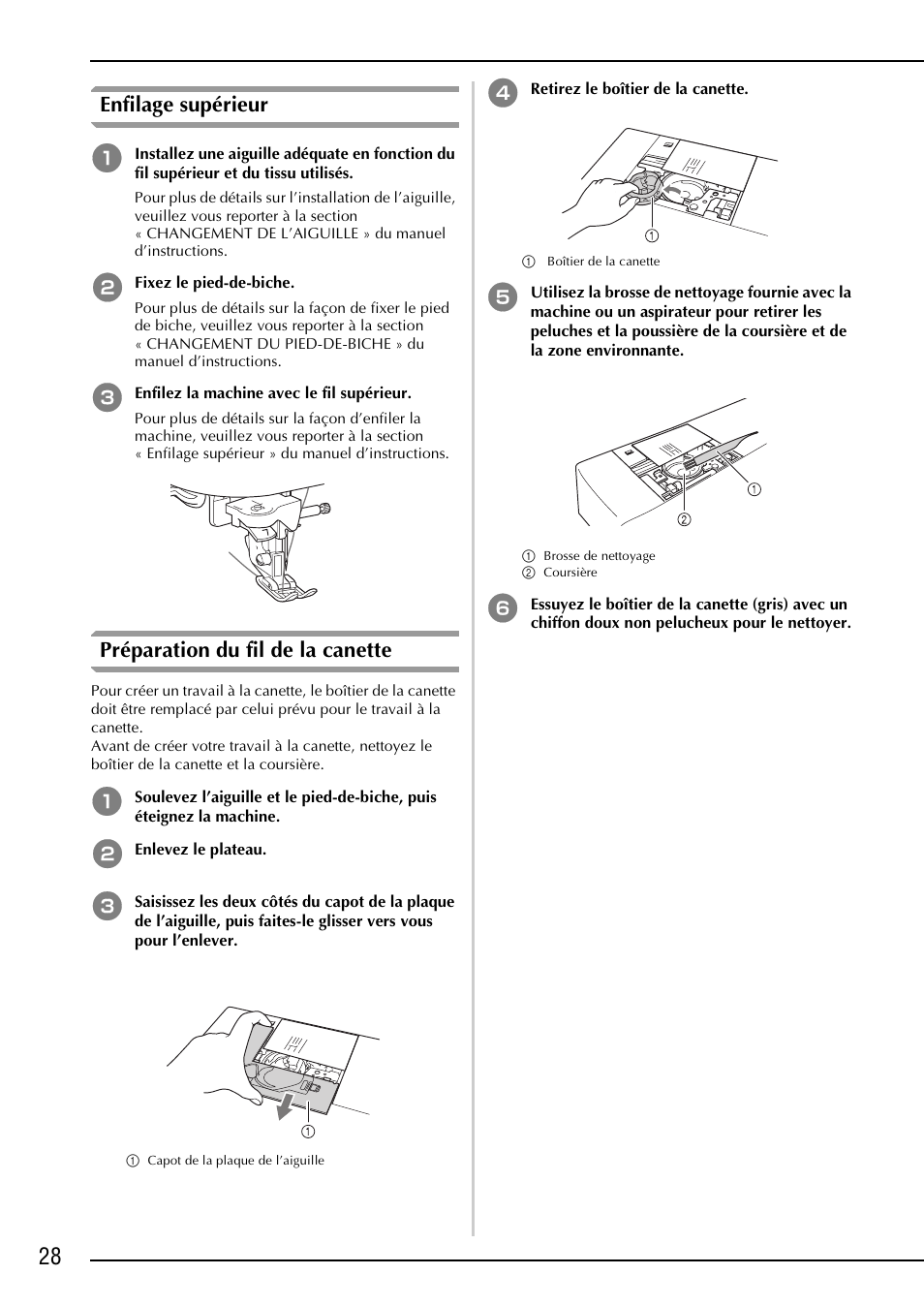 Enfilage supérieur, Préparation du fil de la canette | Brother NX-2000 User Manual | Page 30 / 88