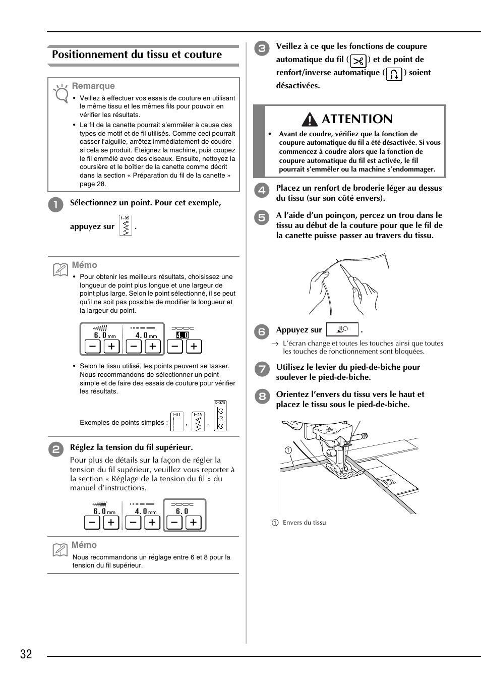 Attention, Positionnement du tissu et couture | Brother NX-2000 User Manual | Page 34 / 88