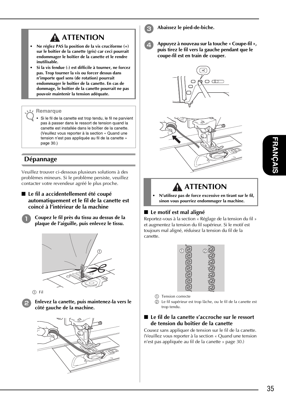 Attention, 35 fr an çais, Dépannage | Brother NX-2000 User Manual | Page 37 / 88