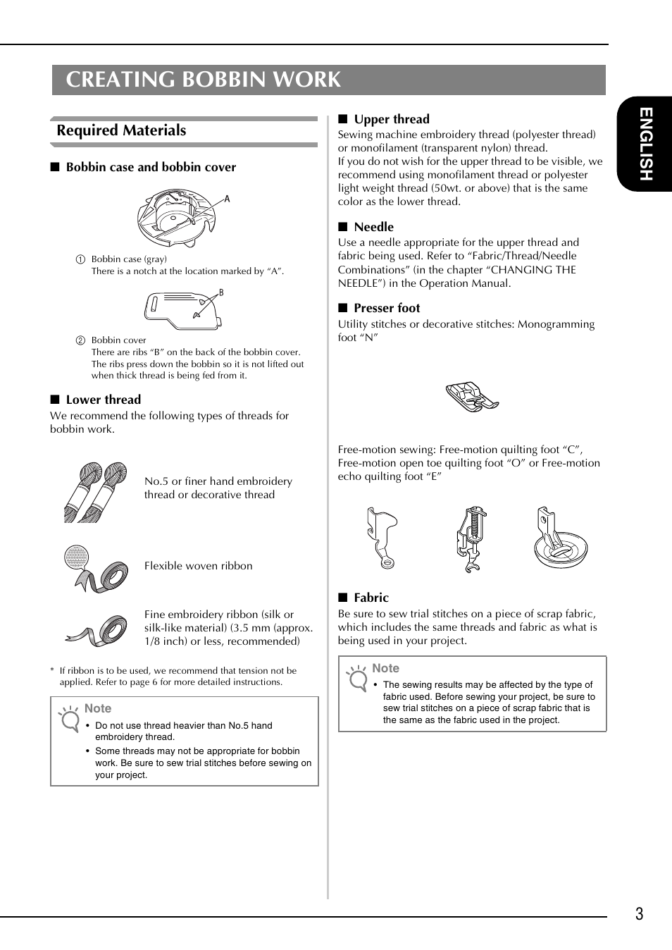 Creating bobbin work, 3e ngl ish, Required materials | Brother NX-2000 User Manual | Page 5 / 88