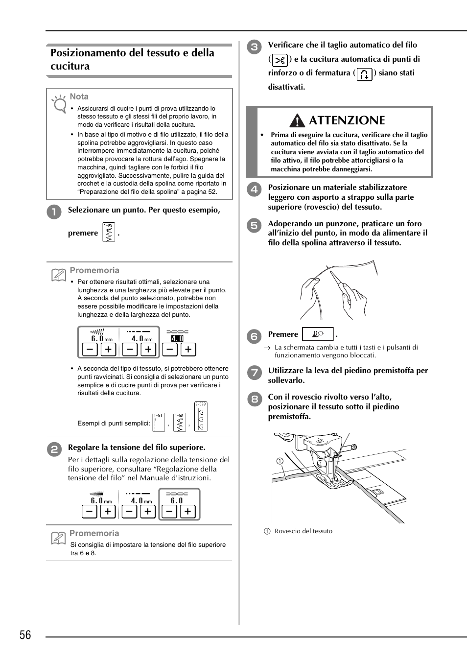 Attenzione, Posizionamento del tessuto e della cucitura | Brother NX-2000 User Manual | Page 58 / 88