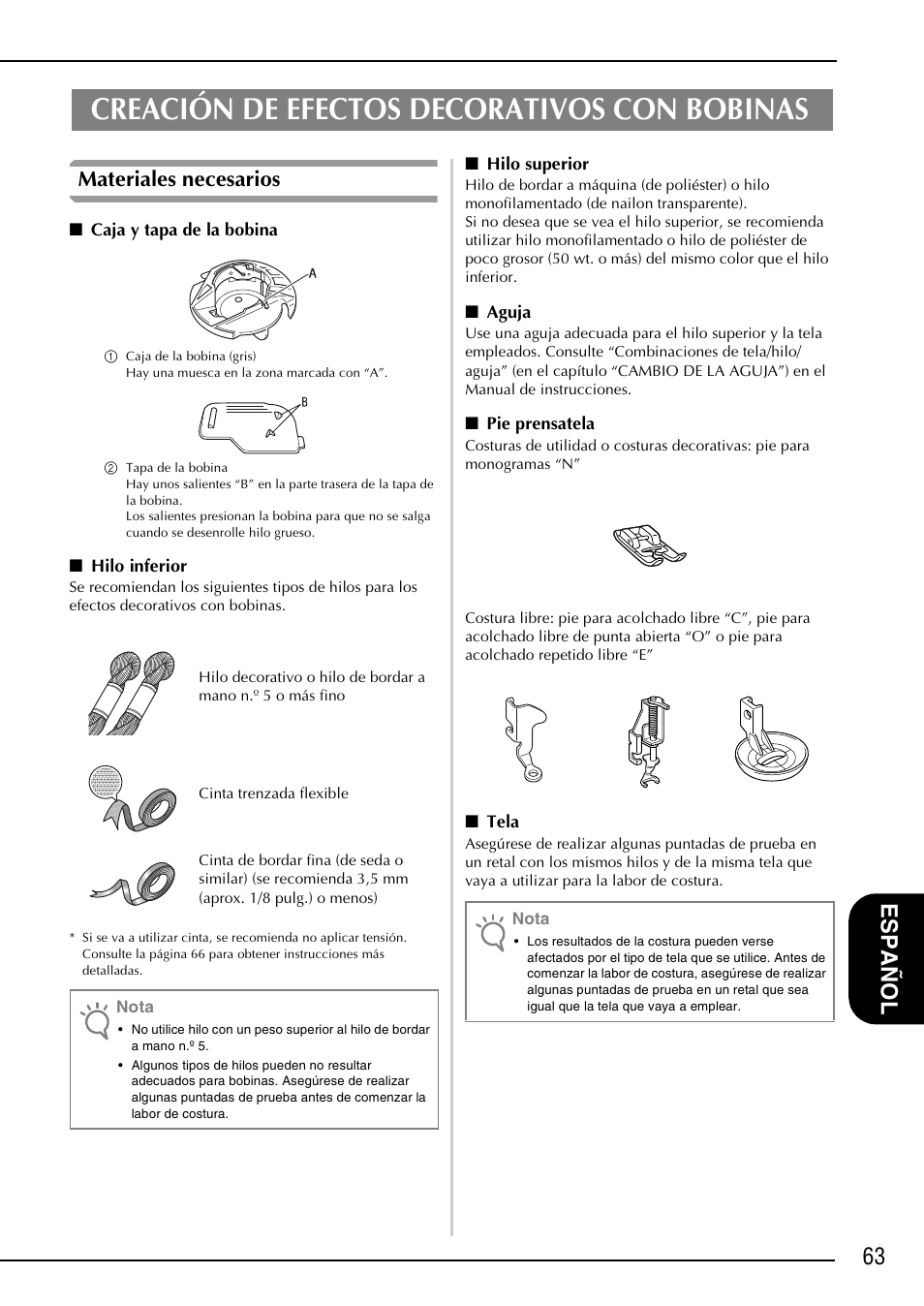 Creación de efectos decorativos con bobinas, 63 e spa ñol, Materiales necesarios | Brother NX-2000 User Manual | Page 65 / 88