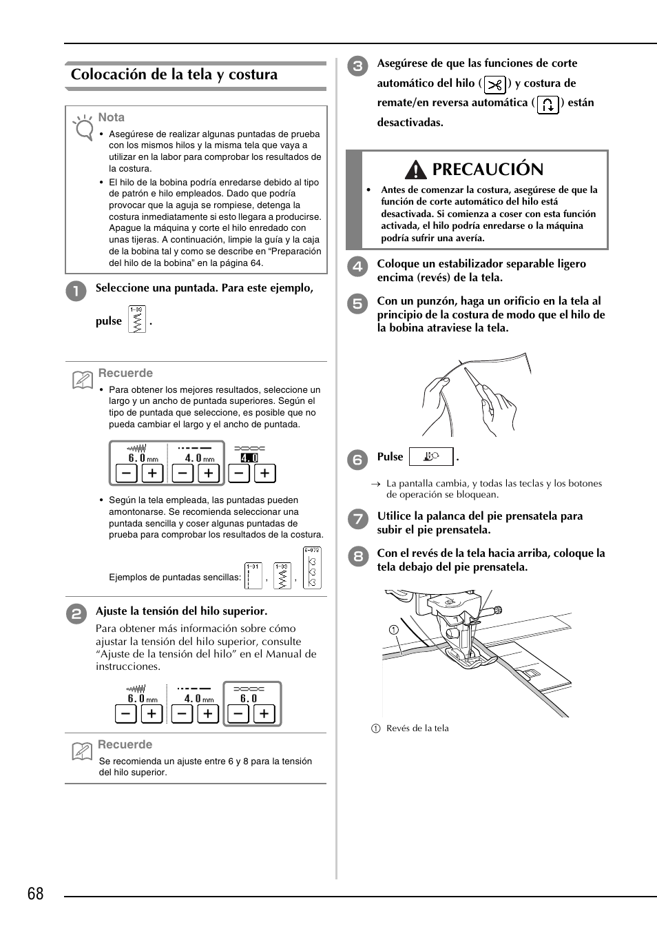 Precaución, Colocación de la tela y costura | Brother NX-2000 User Manual | Page 70 / 88