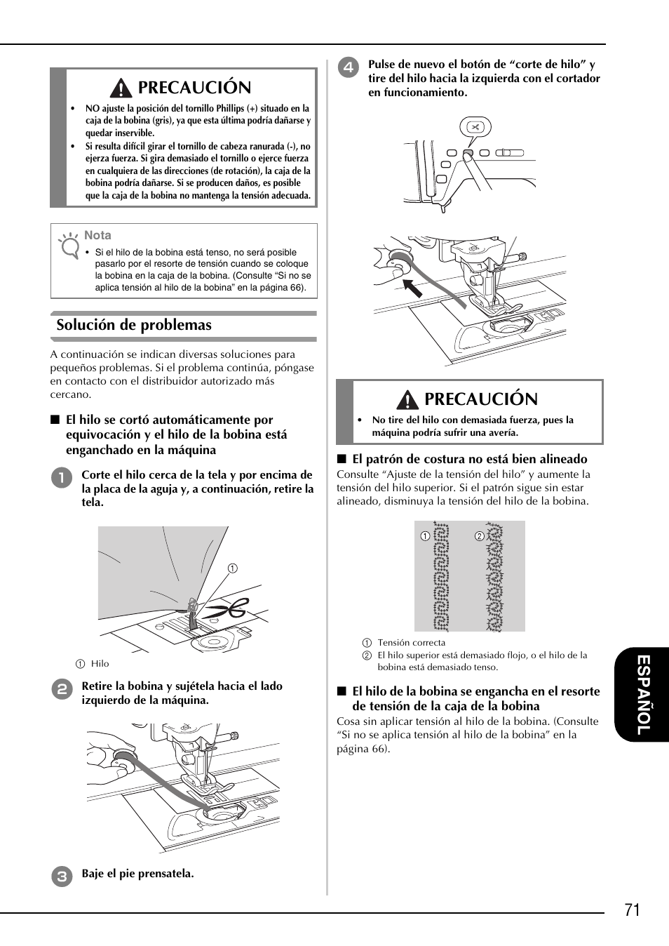 Precaución, 71 e spa ñol, Solución de problemas | Brother NX-2000 User Manual | Page 73 / 88