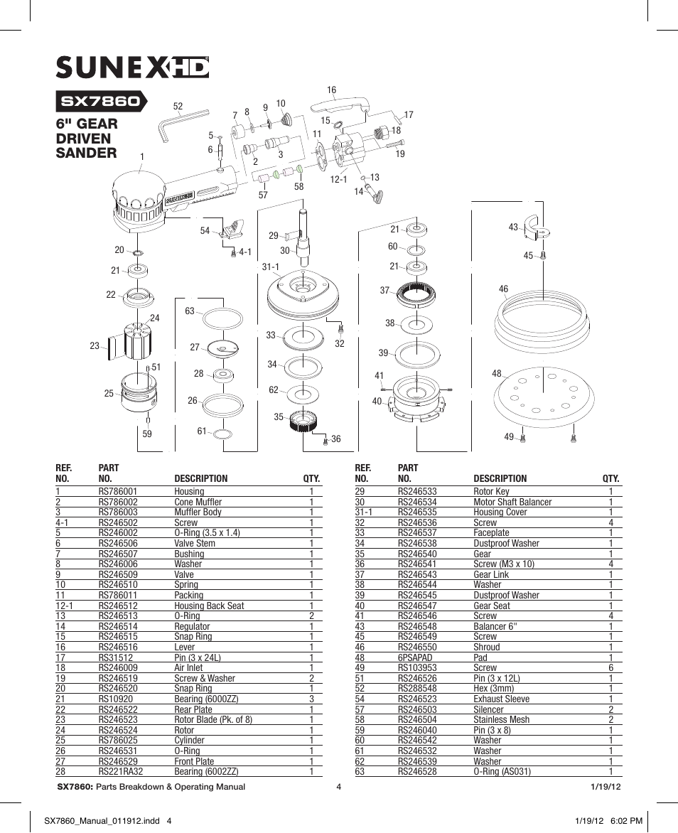 6" gear driven sander, Sx7860 | Sunex Tools SX7860 User Manual | Page 4 / 11