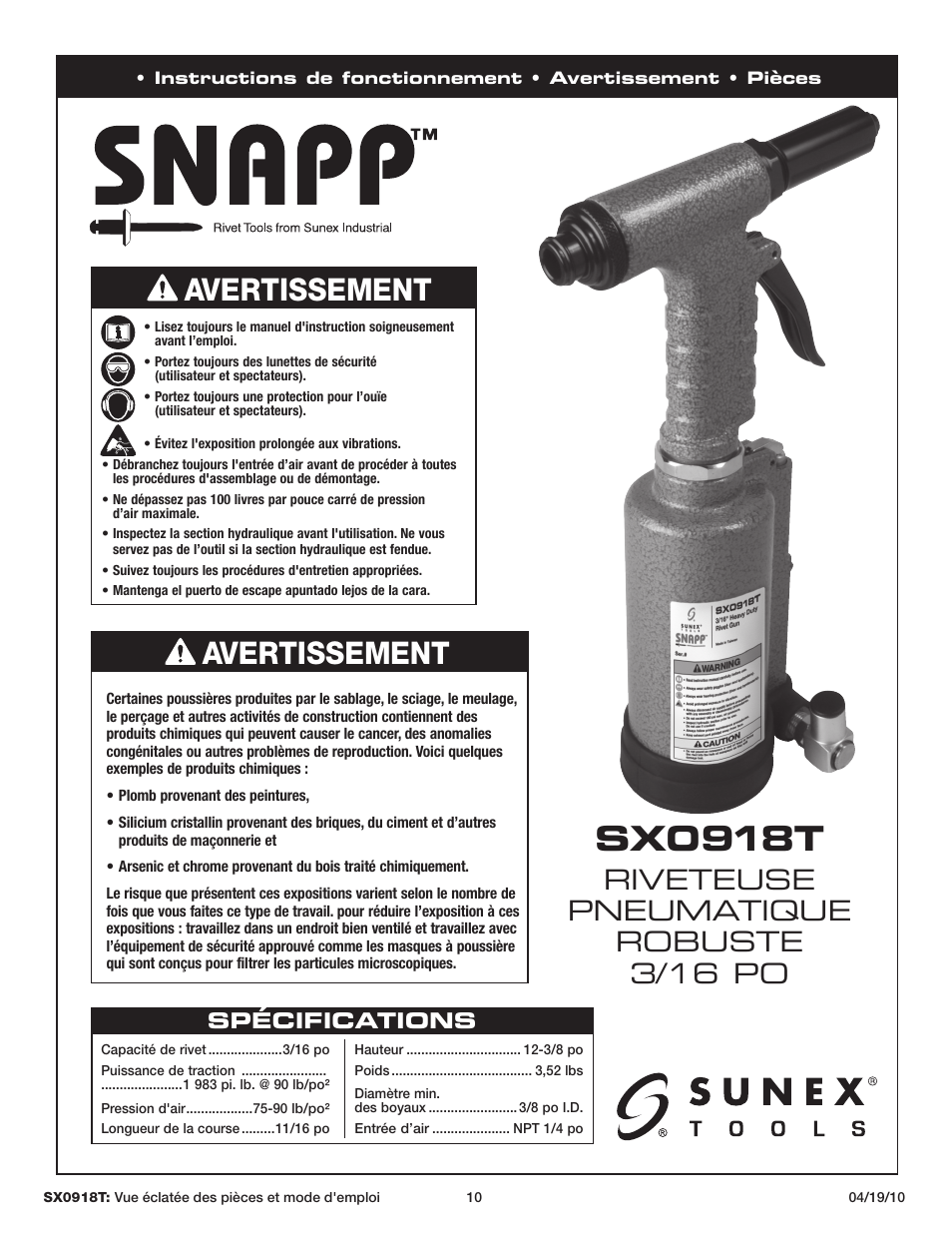 Sx0918t, Avertissement, Riveteuse pneumatique robuste 3/16 po | Spécifications | Sunex Tools SX0918T User Manual | Page 10 / 13