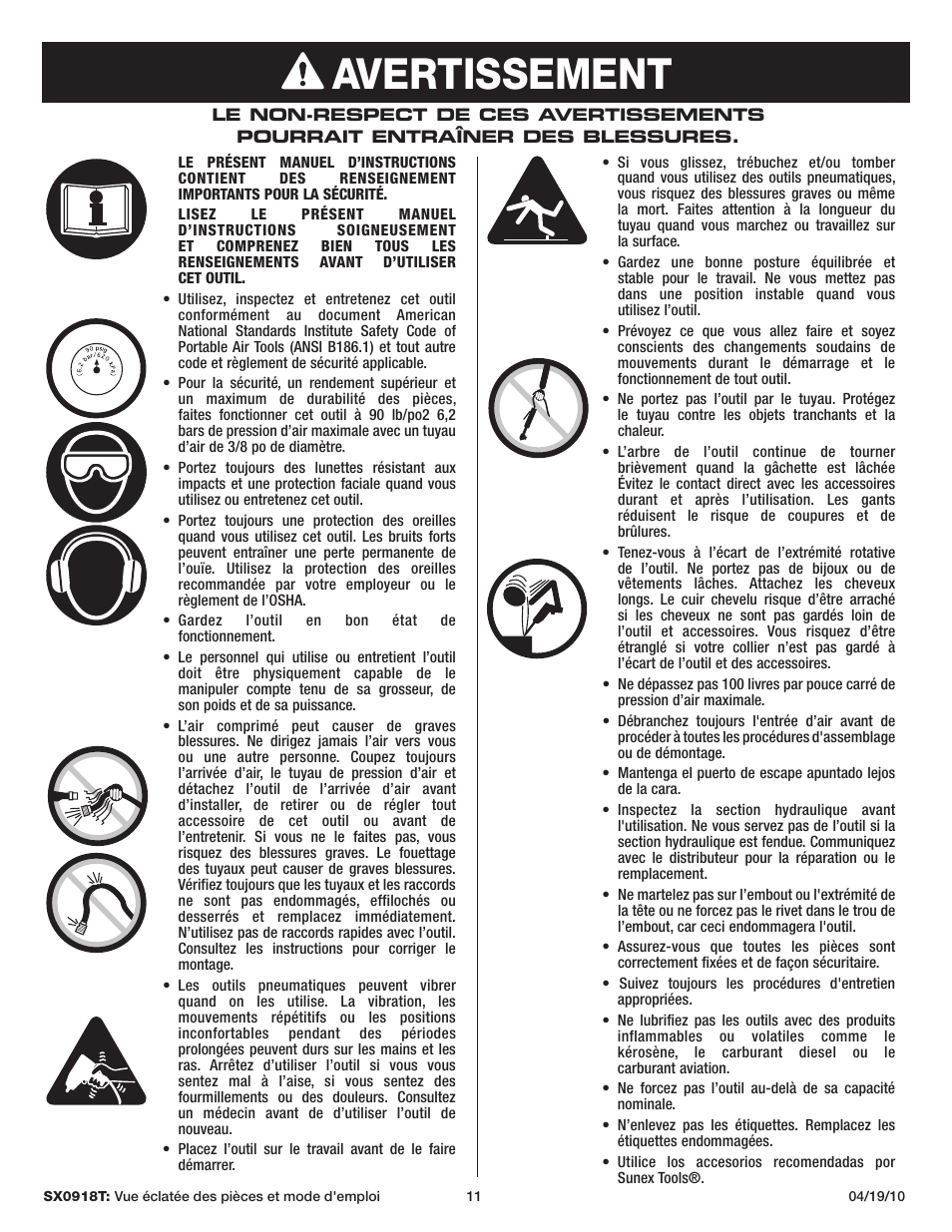 Warning, Avertissement | Sunex Tools SX0918T User Manual | Page 11 / 13