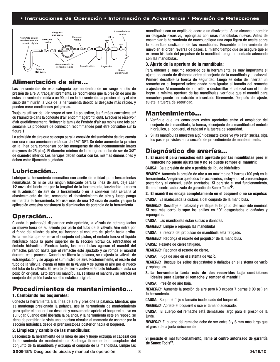 Mantenimiento, Diagnóstico de averías, Alimentación de aire | Lubricación, Operación, Procedimientos de mantenimiento | Sunex Tools SX0918T User Manual | Page 8 / 13