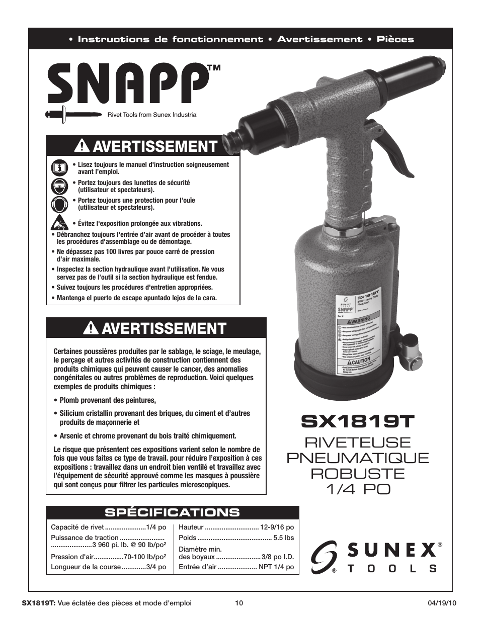 Sx1819t, Avertissement, Riveteuse pneumatique robuste 1/4 po | Spécifications | Sunex Tools SX1819T User Manual | Page 10 / 13