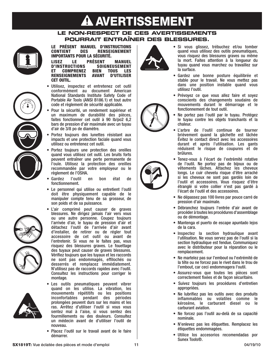 Warning, Avertissement | Sunex Tools SX1819T User Manual | Page 11 / 13