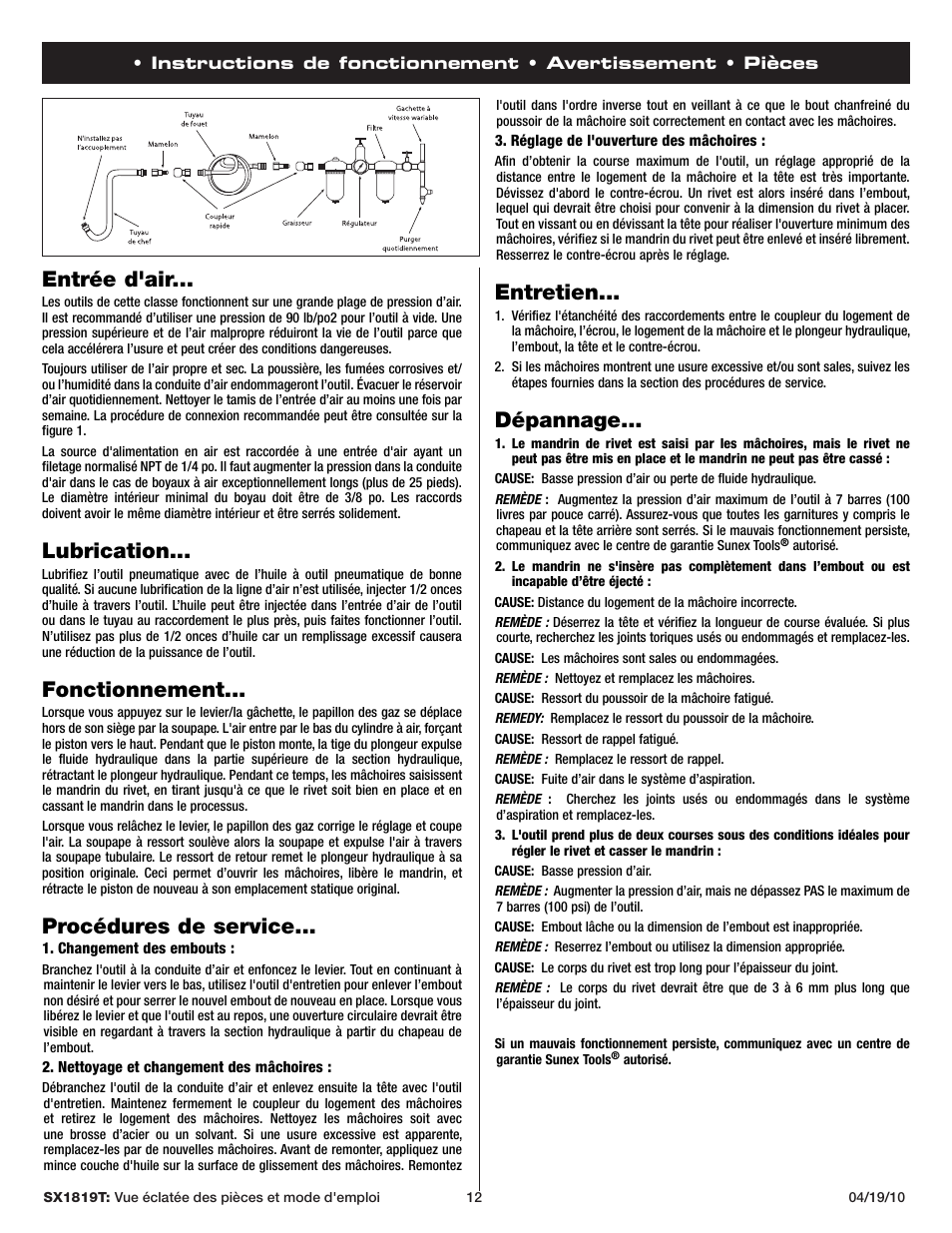 Entretien, Dépannage, Entrée d'air | Lubrication, Fonctionnement, Procédures de service | Sunex Tools SX1819T User Manual | Page 12 / 13
