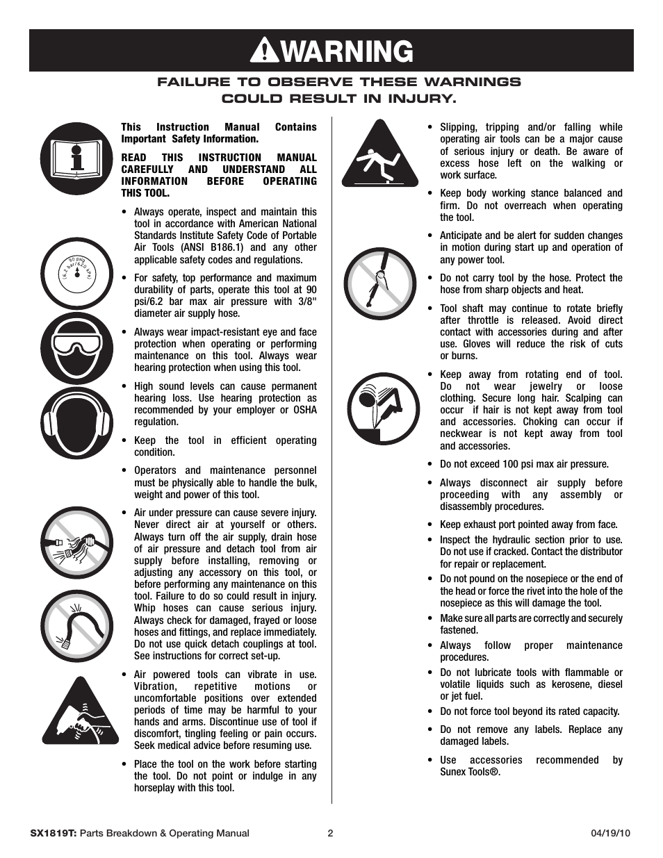 Warning | Sunex Tools SX1819T User Manual | Page 2 / 13