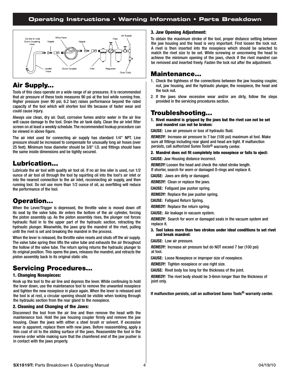Maintenance, Troubleshooting, Air supply | Lubrication, Operation, Servicing procedures | Sunex Tools SX1819T User Manual | Page 4 / 13