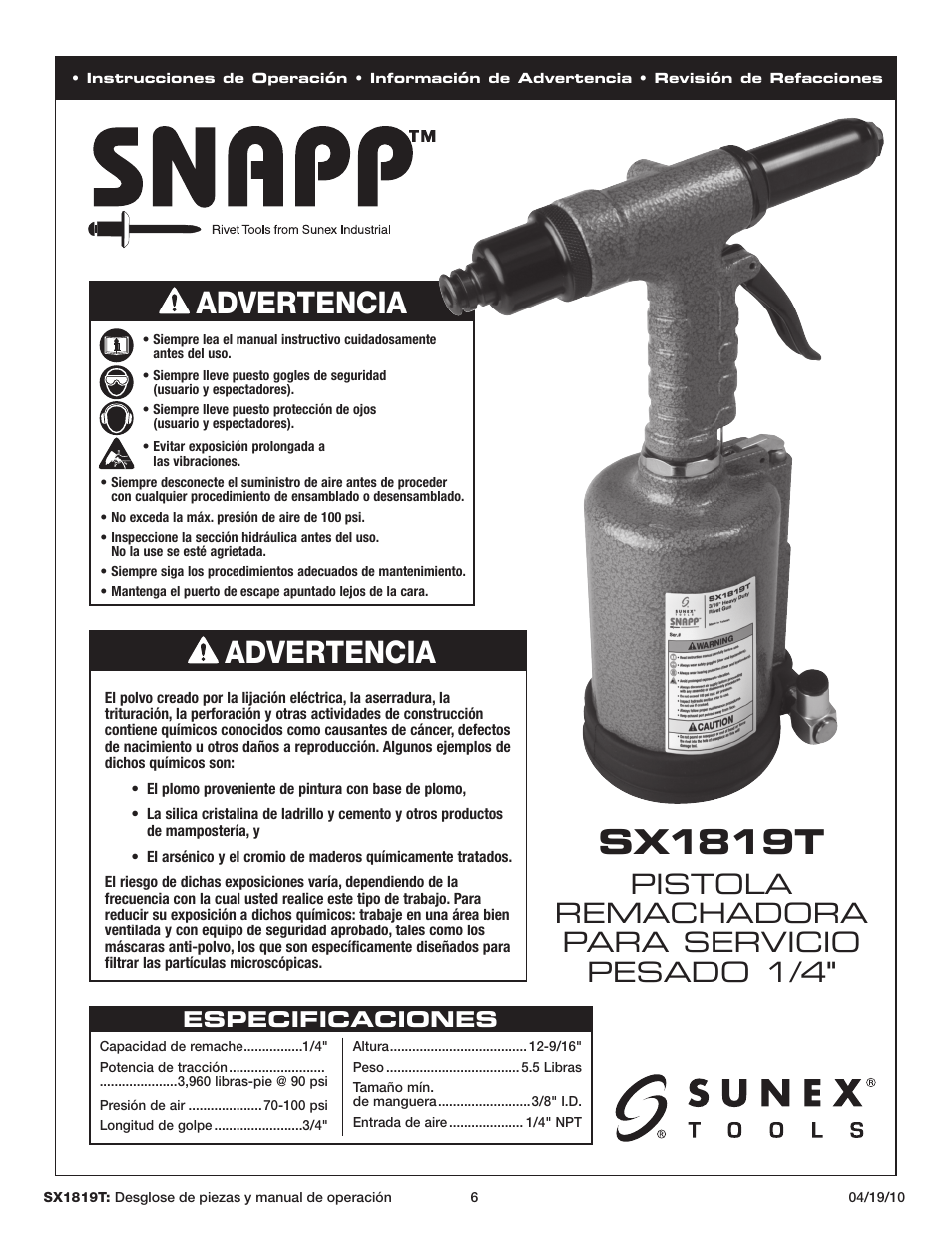 Sx1819t, Advertencia, Pistola remachadora para servicio pesado 1/4 | Especificaciones | Sunex Tools SX1819T User Manual | Page 6 / 13