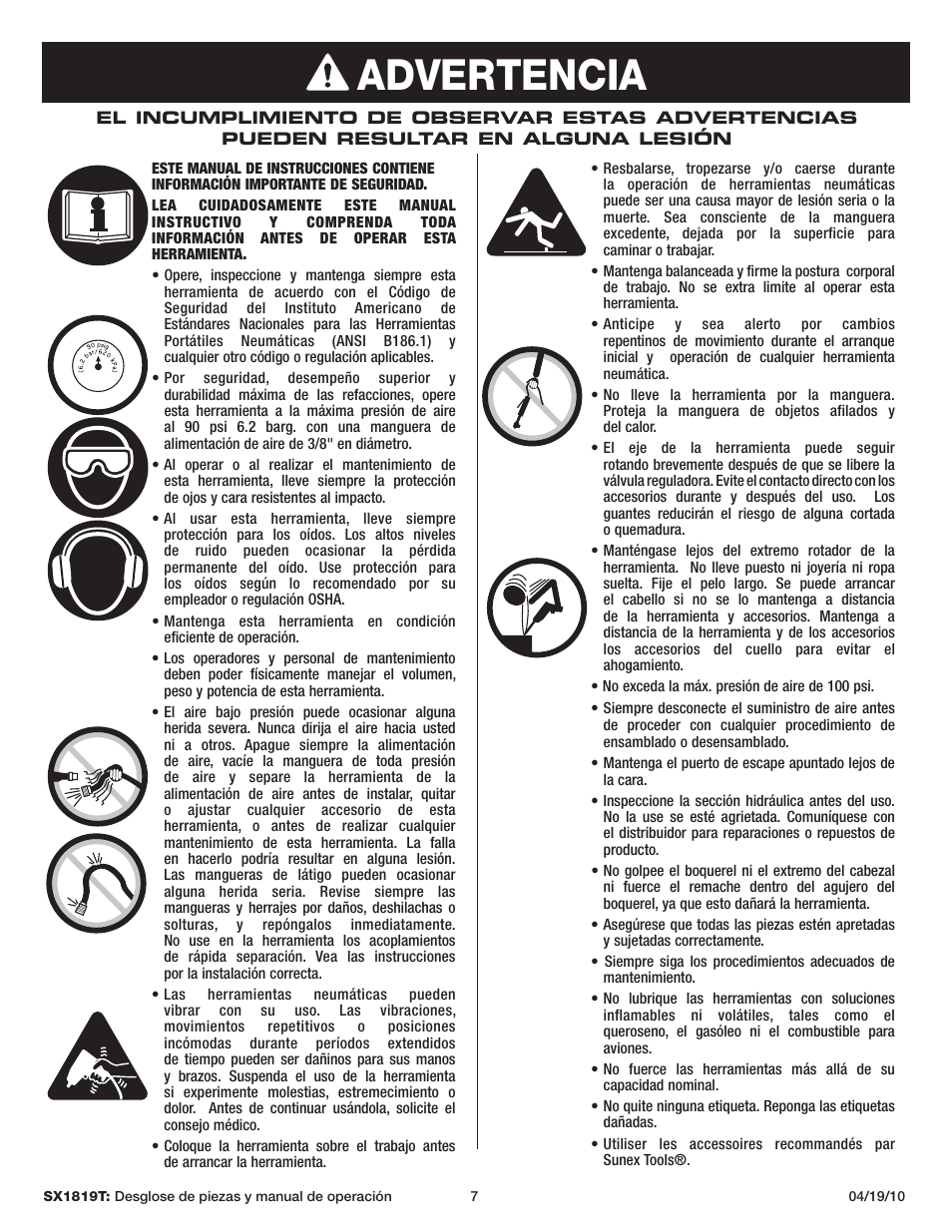 Warning, Advertencia | Sunex Tools SX1819T User Manual | Page 7 / 13