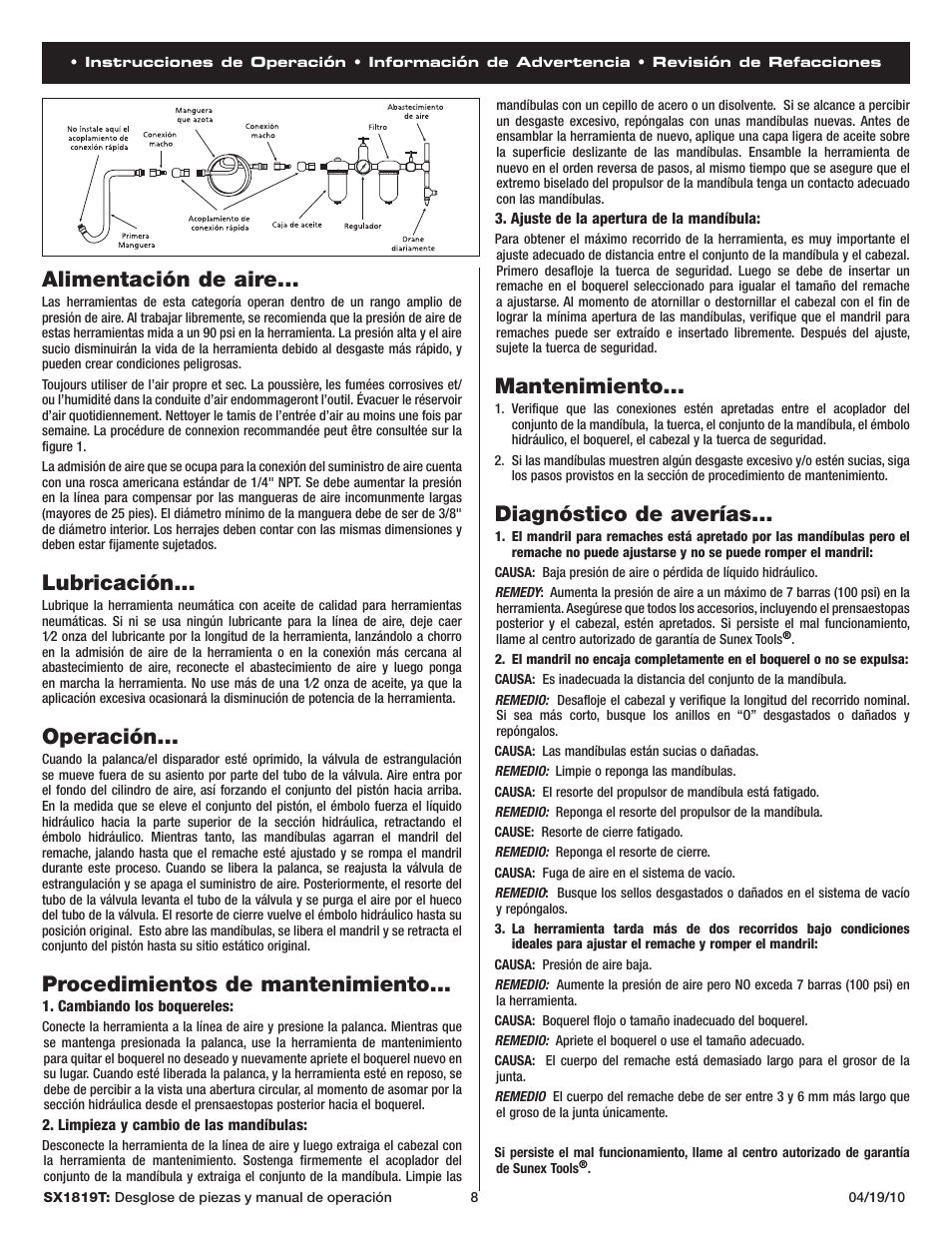 Mantenimiento, Diagnóstico de averías, Alimentación de aire | Lubricación, Operación, Procedimientos de mantenimiento | Sunex Tools SX1819T User Manual | Page 8 / 13