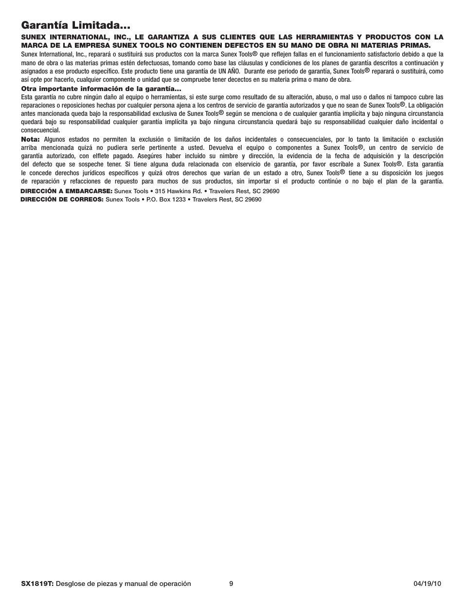 Garantía limitada | Sunex Tools SX1819T User Manual | Page 9 / 13