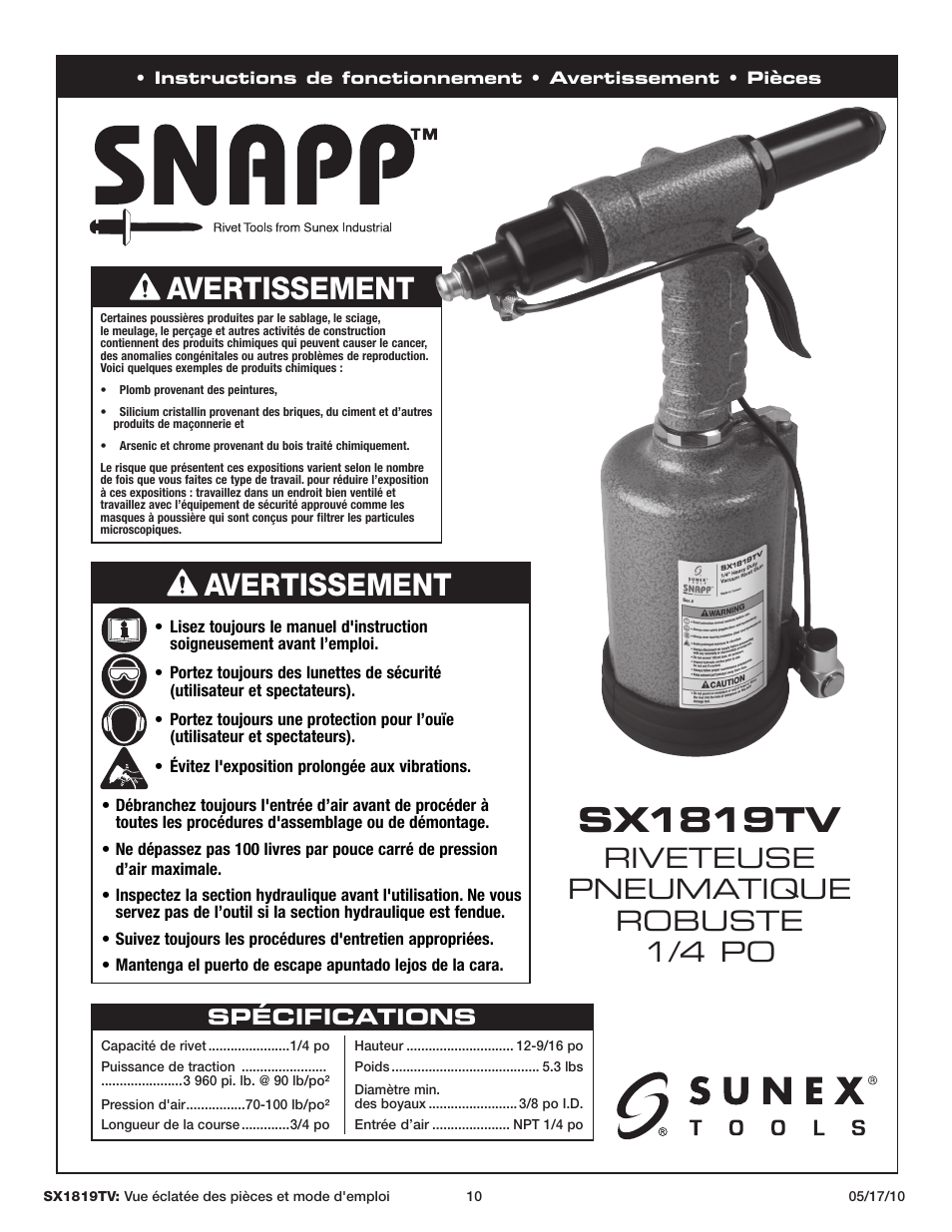 Sx1819tv, Avertissement, Riveteuse pneumatique robuste 1/4 po | Spécifications | Sunex Tools SX1819TV User Manual | Page 10 / 13